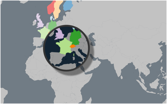 A map of the world zooming in on France, to demonstrate the importance of choosing the right norm.